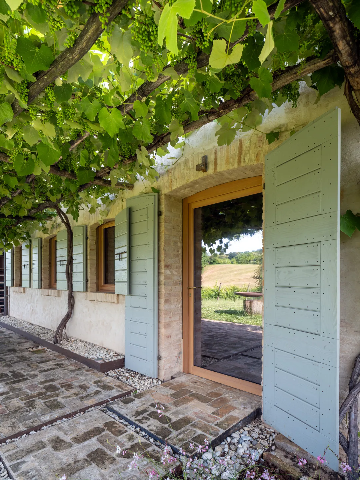 Facciata in pietra con scuri in legno color salvia sotto la pergola di vite